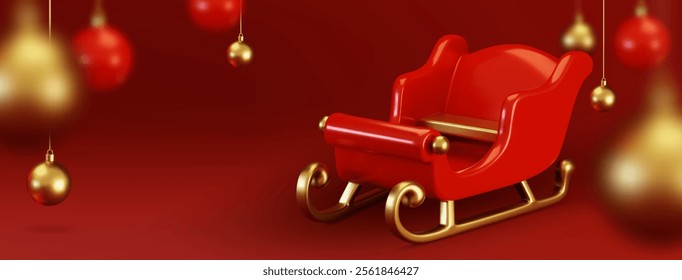 Sleigh 3d pódio sobre fundo vermelho. Cena de exibição de Natal com transporte escarlate, corredores ornamentados dourados e baubles pendurados. Configuração promocional festiva para férias de inverno e apresentações sazonais.