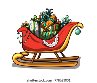 Sleigh with big amount of presents in colors vector