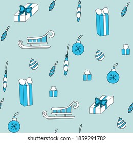 sleigh box baubles blue background