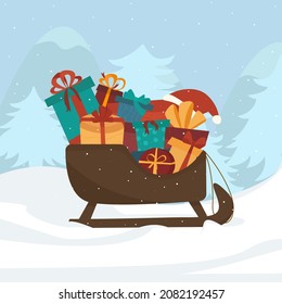 Un trineo con cajas de regalo brillantes con arcos y un sombrero de Papá Noel. Saltos de nieve en el fondo de montañas nevadas y árboles de Navidad. Feliz Navidad y Feliz Año Nuevo. Ilustración del vector en un