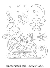 Sleigh with Christmas gifts and festive tree. Coloring.