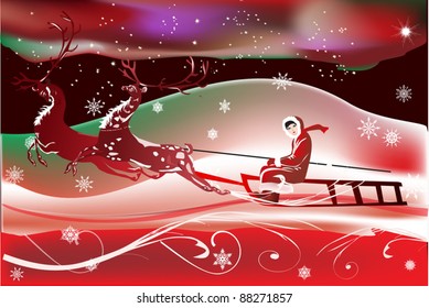 sleigh with deers winter red illustration