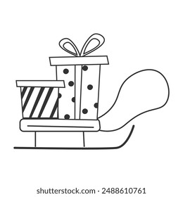 Trineo con cajas de regalo aislado en blanco.