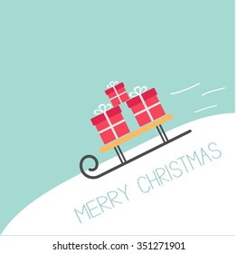 Sleigh with gift boxes rolling downhill Blue background. Merry Christmas Greeting card Flat design Vector illustration