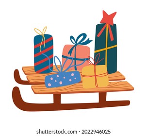 Sleigh with gifts. Banner with Santa Sleigh. Gifts present boxes. Merry Christmas, happy new year, holiday, celebration concept, greeting card. Vector illustration isolated on white background.