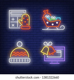 Sleigh with gifts, calculator, computer, bells neon signs set. Christmas and New Year Day design. Night bright neon sign, colorful billboard, light banner. Vector illustration in neon style.