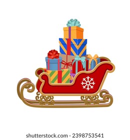 Sleigh with gifts.
Christmas Santa Claus sleigh with holiday boxes with bows vector illustration isolated on white background.