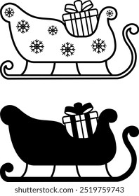 Ícones de trenó. Ícones de vetor em preto e branco. Papai Noel trenó com flocos de neve e presente dentro. Conceito de Natal