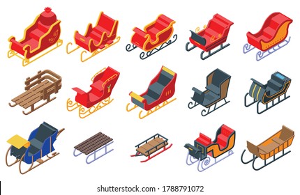 Sleigh icons set. Isometric set of sleigh vector icons for web design isolated on white background