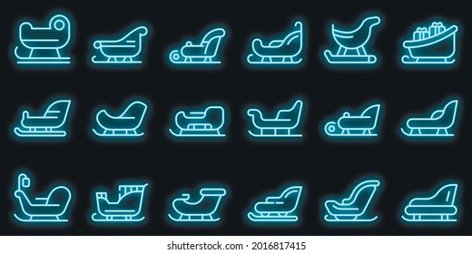 Sleigh icons set. Outline set of sleigh vector icons neon color on black