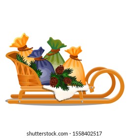 A sleigh Laden with bags of presents and decorated with pine needles and cones isolated on a white background. Vector cartoon close-up illustration