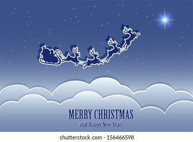 SantaÃ¢Â?Â?s sleigh in the night sky, illustration.