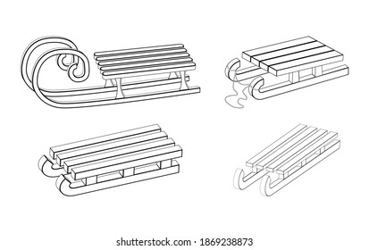 Sleigh outline set. Winter snow sledge for children icon collection. Wooden vector sled. Classic child old wood transport vehicle symbol design. Seasonal contour illustration isolated on white.