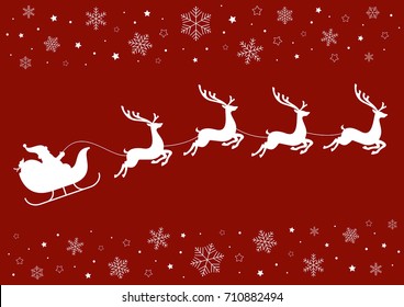 Santa’s sleigh pulled by reindeer on a red background with snowflakes and stars