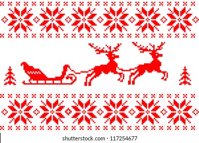 Sleigh, Santa Claus, deer, snowflakes and Christmas trees. Winter Christmas background in the Norwegian style. Festive new year greeting  illustration. Winter knitted pattern, card scandinavian style