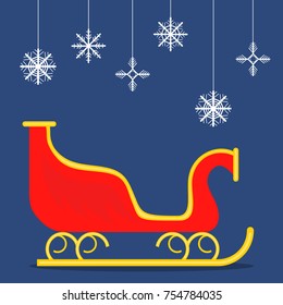 Sleigh of Santa Claus, red sleigh on a blue background. Flat design, vector illustration, vector.