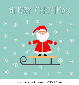 Sleigh with Santa Claus and snowflake Blue background. Merry Christmas Greeting card Flat design Vector illustration