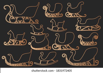 Sleigh and sled silhouettes set in bronze lines