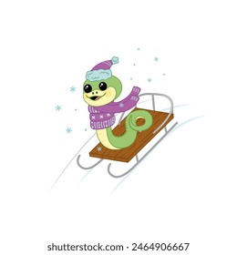 Sleigh. Snake rolls down the mountain on a sleigh. Cartoon, Isolated vector illustration eps 10