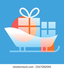 Sleigh with a stack of gifts glassmorphism illustration. Transparency blur elements. Ui layered design. Vector isolated element. 