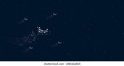 A sleigh symbol filled with dots flies through the stars leaving a trail behind. Four small symbols around. Empty space for text on the right. Vector illustration on dark blue background with stars