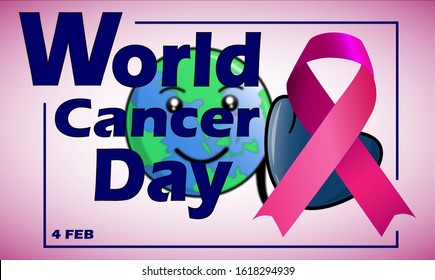 Sleman / DIY -Indonesia 01-17-2020 World cancer day with cute world icon characters and pink ribbons of various variations, suitable for use on that day in general and commercial terms