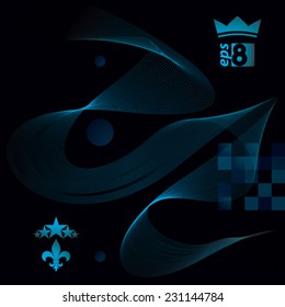 Slender 3d textile motif background, curved stripy flowing lines, relax dark composition, eps8 illustration.
