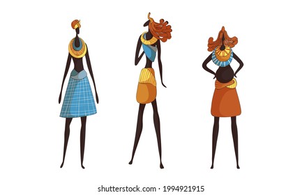 Slender African Woman Wearing Traditional Tribal Clothing and Necklace Standing Vector Set