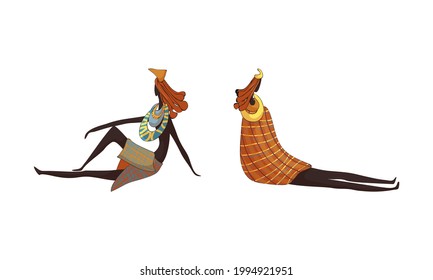 Slender African Woman Wearing Traditional Tribal Clothing and Necklace Sitting Vector Set