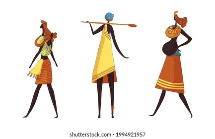 Slender African Woman Wearing Traditional Tribal Clothing and Necklace Carrying Baby Vector Set