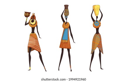 Slender African Woman Wearing Traditional Tribal Clothing and Necklace Carrying Vase on Her Head Vector Set