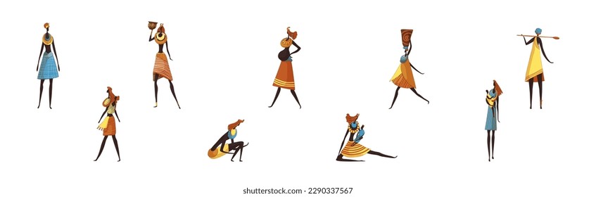 Slender African Woman Wearing Traditional Tribal Clothing in Different Pose Vector Set