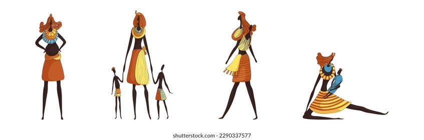 Slender African Woman Wearing Traditional Tribal Clothing in Different Pose Vector Set