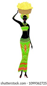 A slender African-American lady. A girl is carrying a basket on her head with bananas. The woman is beautiful and young. Vector illustration.