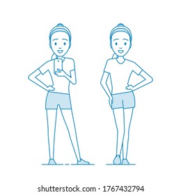 Slender athletic girl with a beautiful figure takes a selfie. Stretching the muscles in women. Discards excess fat. Vector illustration