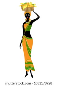 Slender beautiful African-American lady. The girl carries a basket on her head with bananas, oranges, persimmons. Vector illustration.