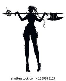 A slender beautiful long-legged girl with a huge two-handed ax smiles looking into the distance, she is wearing armor, she has long hairs. 2D illustration.