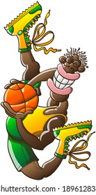 Slender black basketball player wearing yellow tank and boots and green shorts while performing an acrobatic high jump, grinning, posing and holding firmly a ball