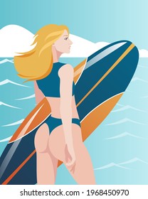 A slender blonde girl stands on the background of the ocean with a surfboard. Summer rest. Vector illustration.