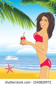 Slender brunette with a drink in her hands on the beach. Vector