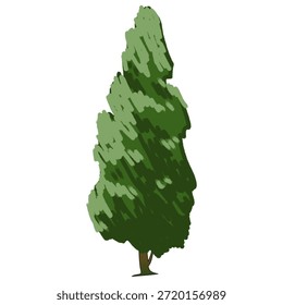 Esbelto árbol cónico de hoja perenne, que recuerda a un ciprés mediterráneo o un enebro alto. El concepto se centra en "Estructura y Verticalidad", destacando el crecimiento disciplinado del árbol y la vegetación densa durante todo el año. La textura pictórica agrega un toque artístico moderno, lo que lo convierte en un símbolo ideal para los jardines formales, la longevidad y el diseño arquitectónico del paisaje. Evoca una sensación de orden y altura pacífica.