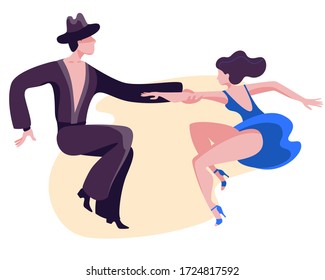 Slender couple dancing Latin swing dance. The girl in the blue short dress. A man in black pants and a shirt. Vector illustration in flat style.