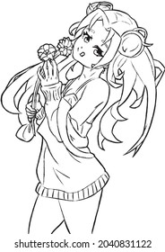 A slender cute girl in the style of manga and anime with long hair in a sweater holds flowers in her arms with her tongue hanging out linear artwork 2d illustration