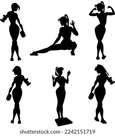 Slender, energetic girls go in for sports. Cartoon. Silhouette