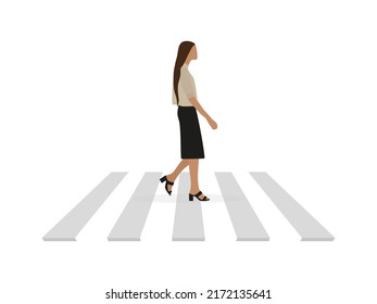 Slender female character with long hair walks along a pedestrian crossing on a white background