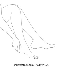 Slender female legs, barefoot, side view. Cartoon style, hand drawn. Feminine concept, design element for spa, medical centers, cosmetic products. Black and white vector illustration, isolated.