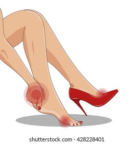 Slender female legs, sitting tired of high spike heels, one red shoe on. Woman's hand touching ankle, heel tendon and foot.High heels pain concept. Red markers of pain/ hurt.Vector isolated on white.