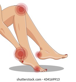 Slender female legs, sitting tired, side view. Woman's hand touching ankle, heel tendon and foot. Walking or high heels or callus hurt/pain concept. Red pain spots. Vector illustration.