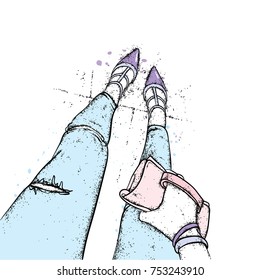 Slender female legs in tight trousers and stylish shoes. Selfy. Vector illustration for a postcard or a poster, print. Clothes and accessories. Fashion & Style.
