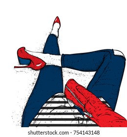 Slender female legs in tight trousers and stylish shoes. Selfy. Vector illustration for a postcard or a poster, print. Clothes and accessories. Fashion & Style.